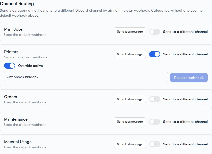 Channel routing settings with the Printers category sending to its own webhook while the rest use the default