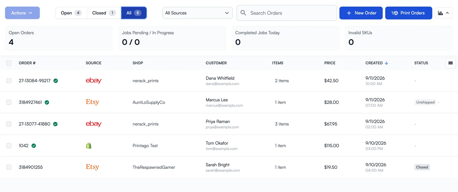 The orders list showing eBay orders alongside Etsy and Shopify, with the seller account in the Shop column