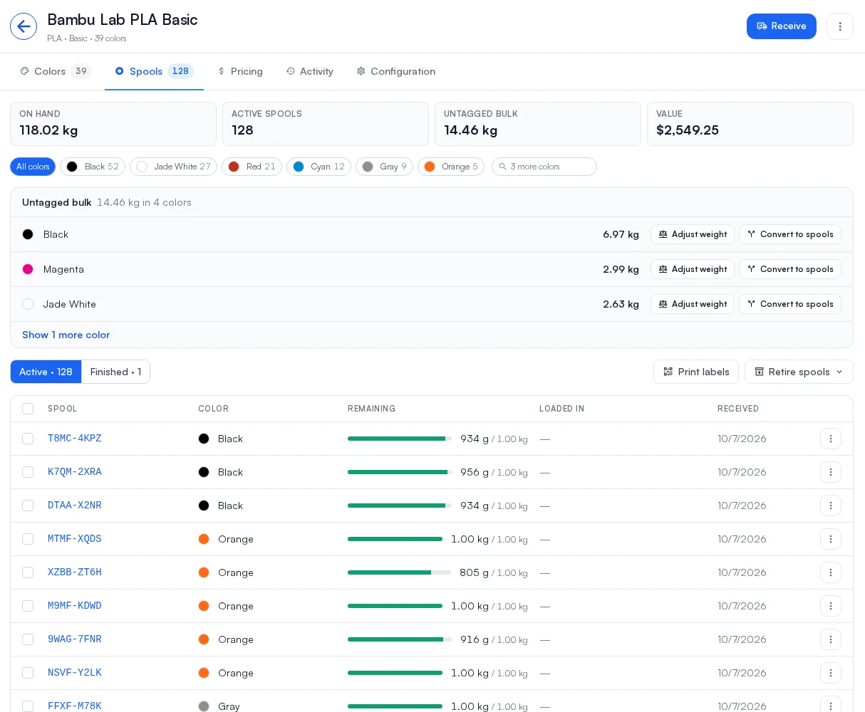 The Spools tab: on hand, active spools, untagged bulk and value, the untagged bulk for each color with Adjust weight and Convert to spools, and every spool with what is left on it