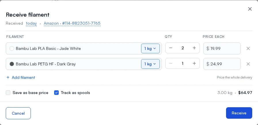 Receive filament with two lines, roll sizes, quantities and prices, and Track as spools ticked, totaling 3.00 kg and $64.97