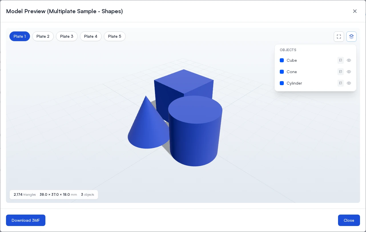 The model preview open on a multi-plate 3MF, with plate buttons, the objects panel, and the model stats bar