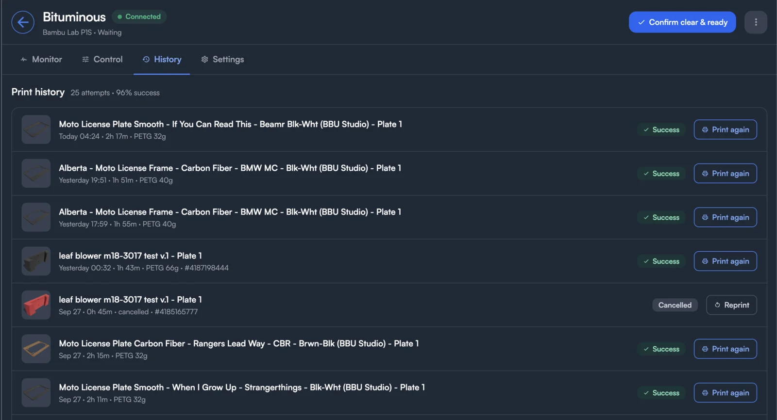 The History tab listing a printer's recent print attempts with their duration, filament and outcome, and Print again or Reprint beside each