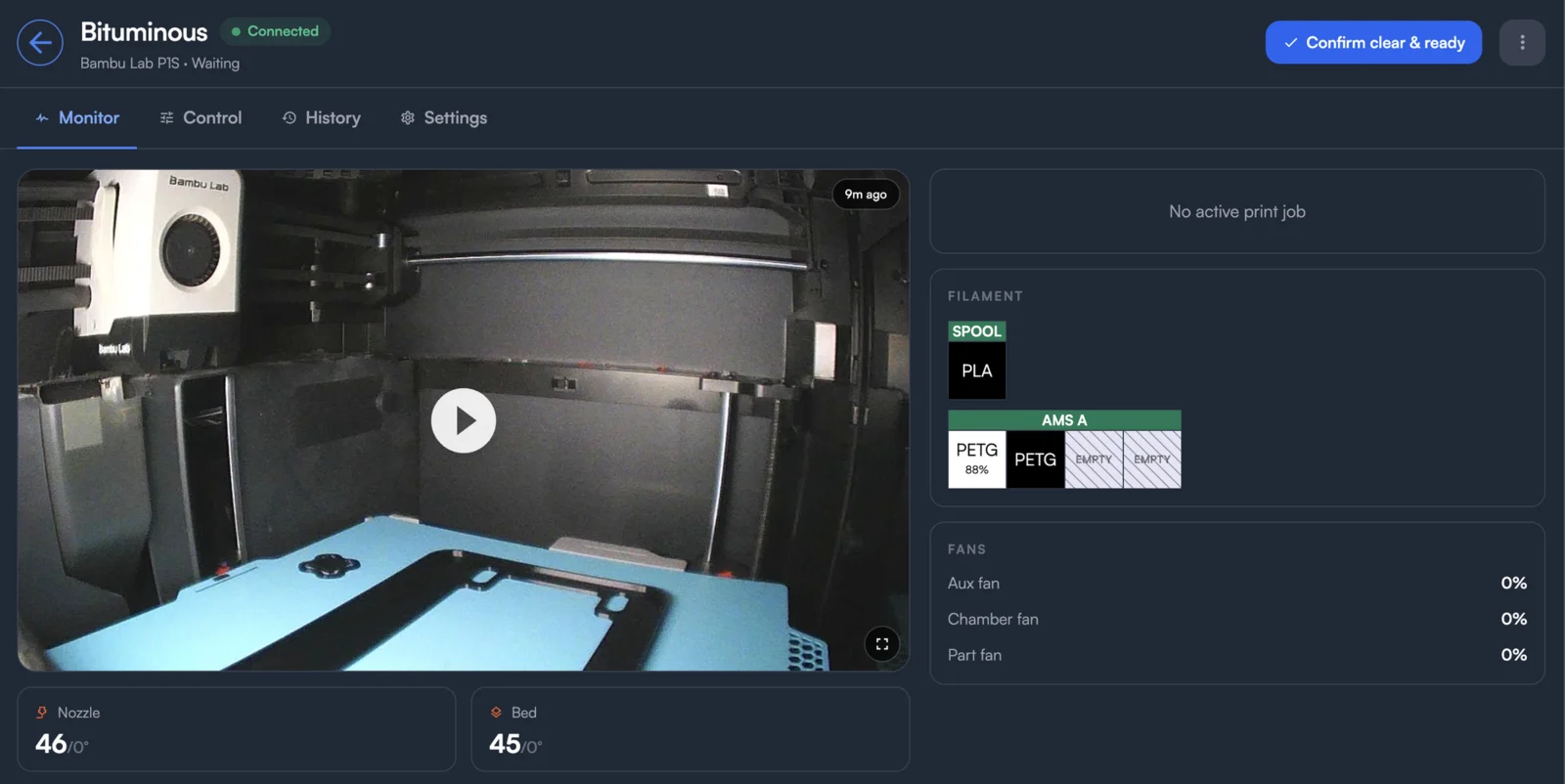 The redesigned printer page on the Monitor tab: the printer camera, AMS and external spool filament, fans, and nozzle and bed temperatures