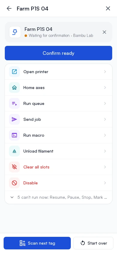 A printer tag scanned on a phone: Confirm ready as the main button, the printer's other actions below it, and Scan next tag and Start over at the bottom