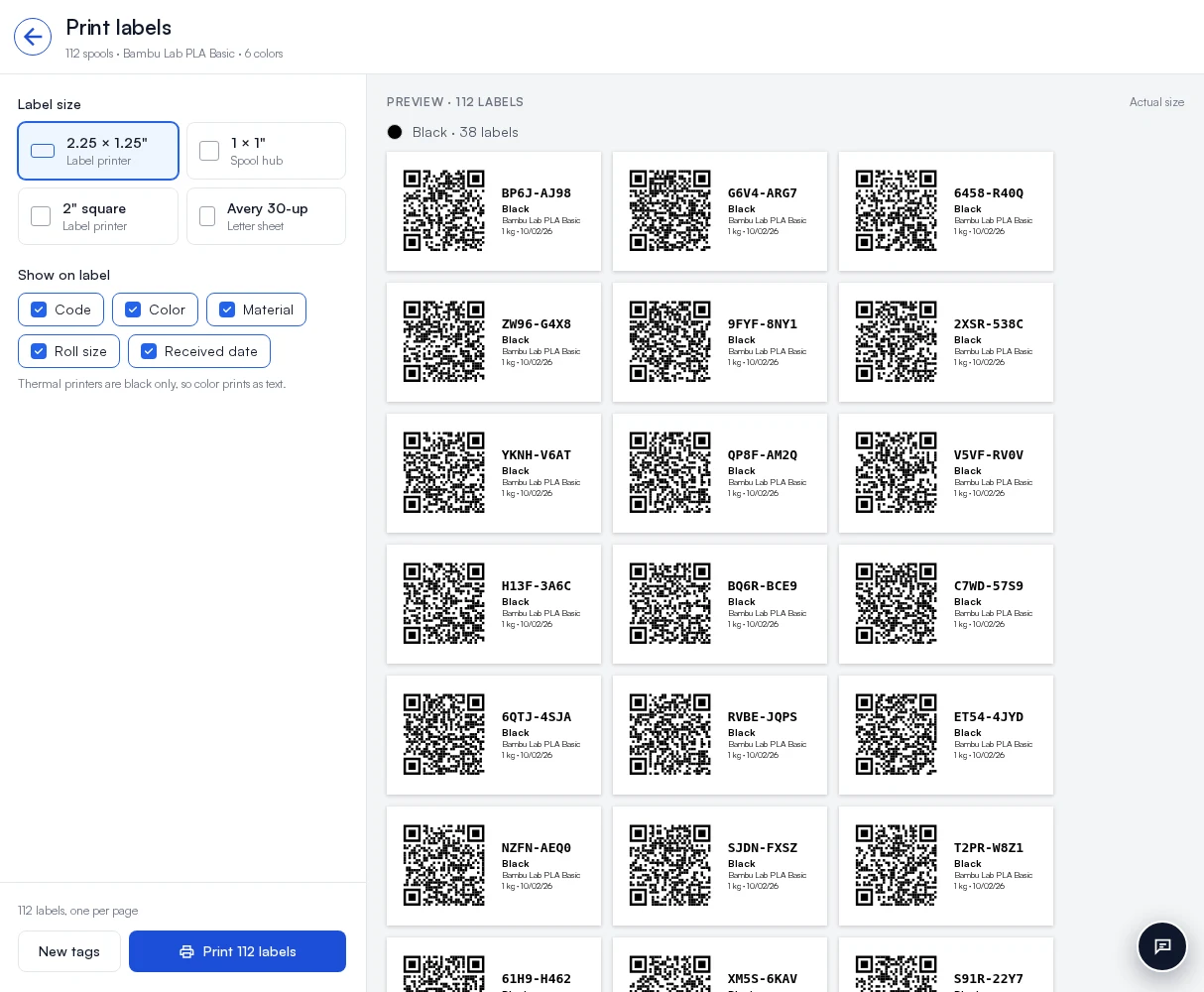 The Print labels page: label sizes and the fields to show on the left, and 112 spool labels grouped by color on the right
