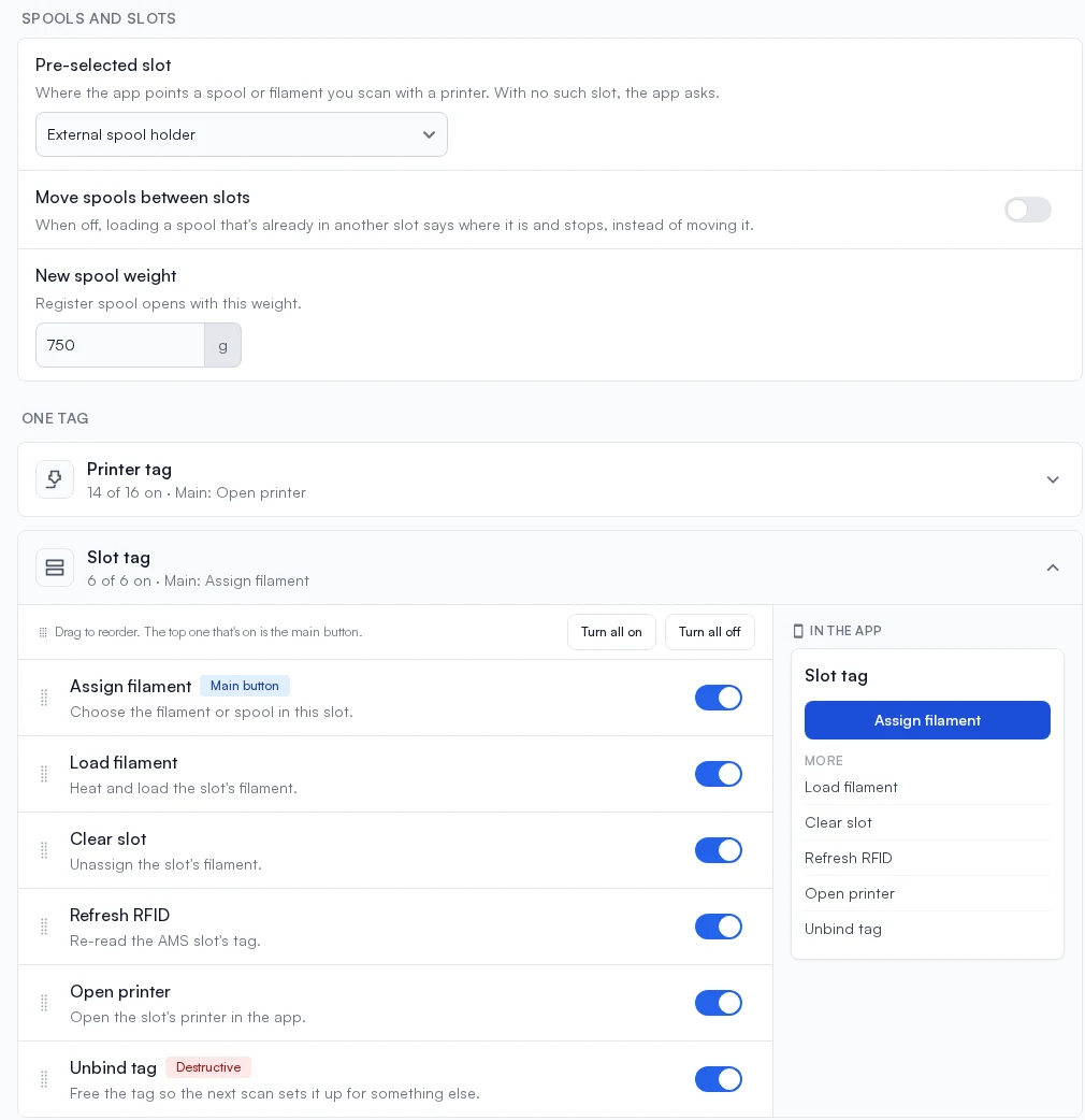 QR Workflows settings: the spool and slot settings, and the slot tag's actions in order with Assign filament marked as the main button and a preview of what the app shows