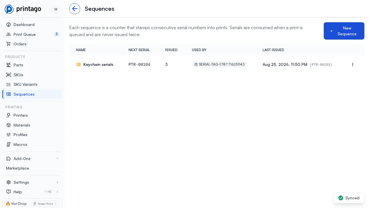The Sequences page listing a sequence with its next serial, issued count, linked SKU and last serial issued