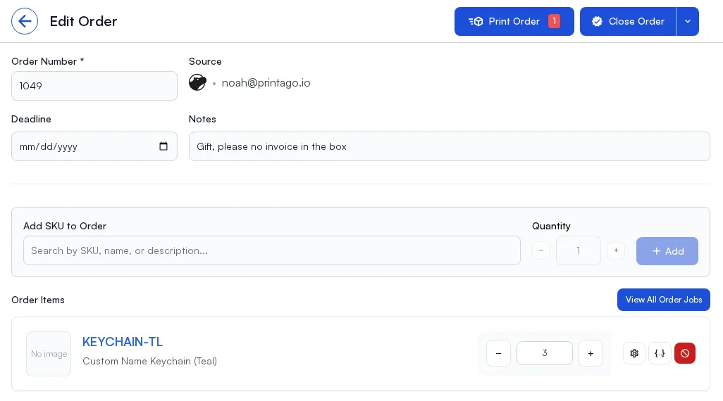 A Shippo order in Printago with the buyer's note and its item matched to a SKU