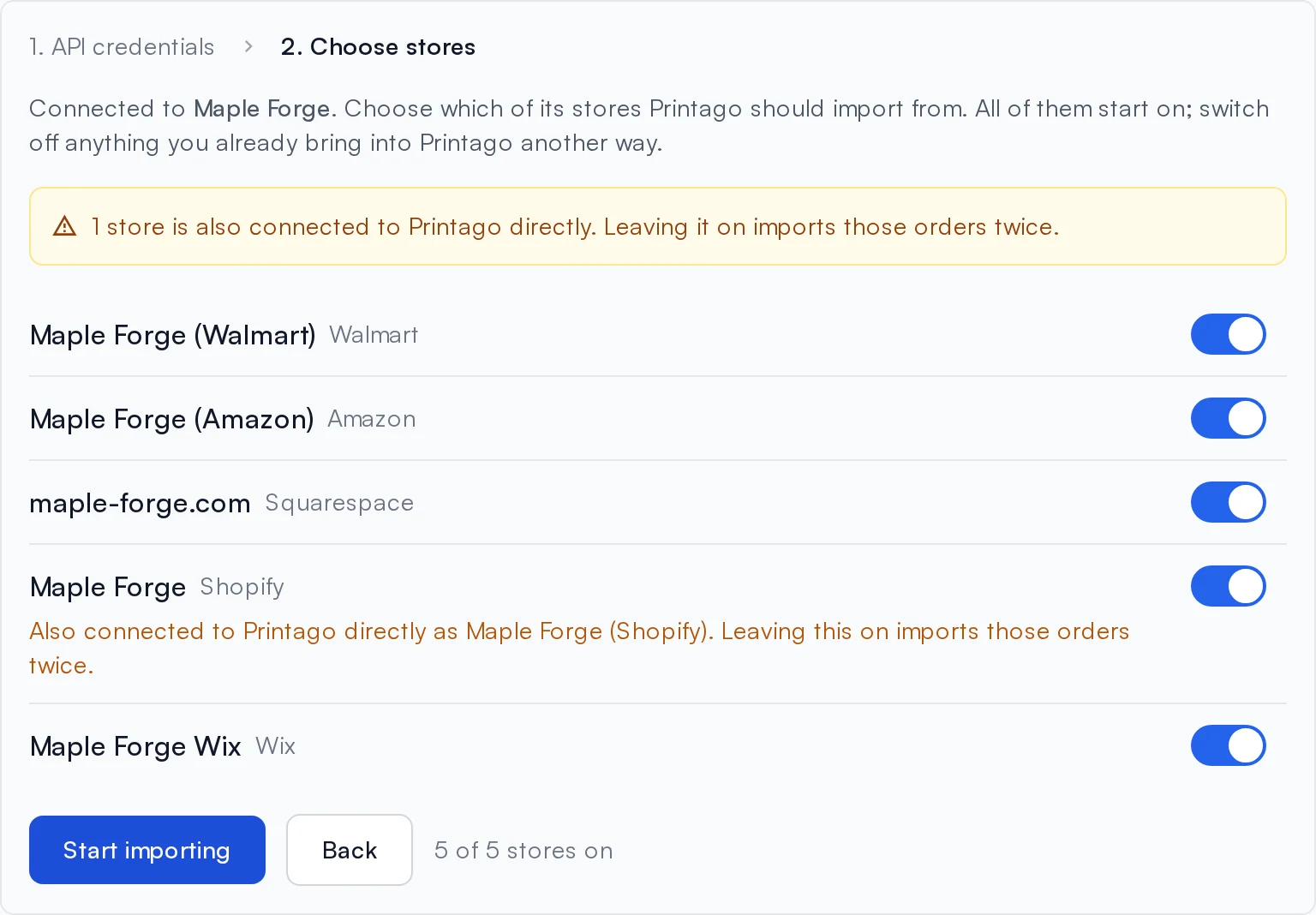 Choosing which ShipStation stores to import, with a Shopify store flagged because it is already connected to Printago directly