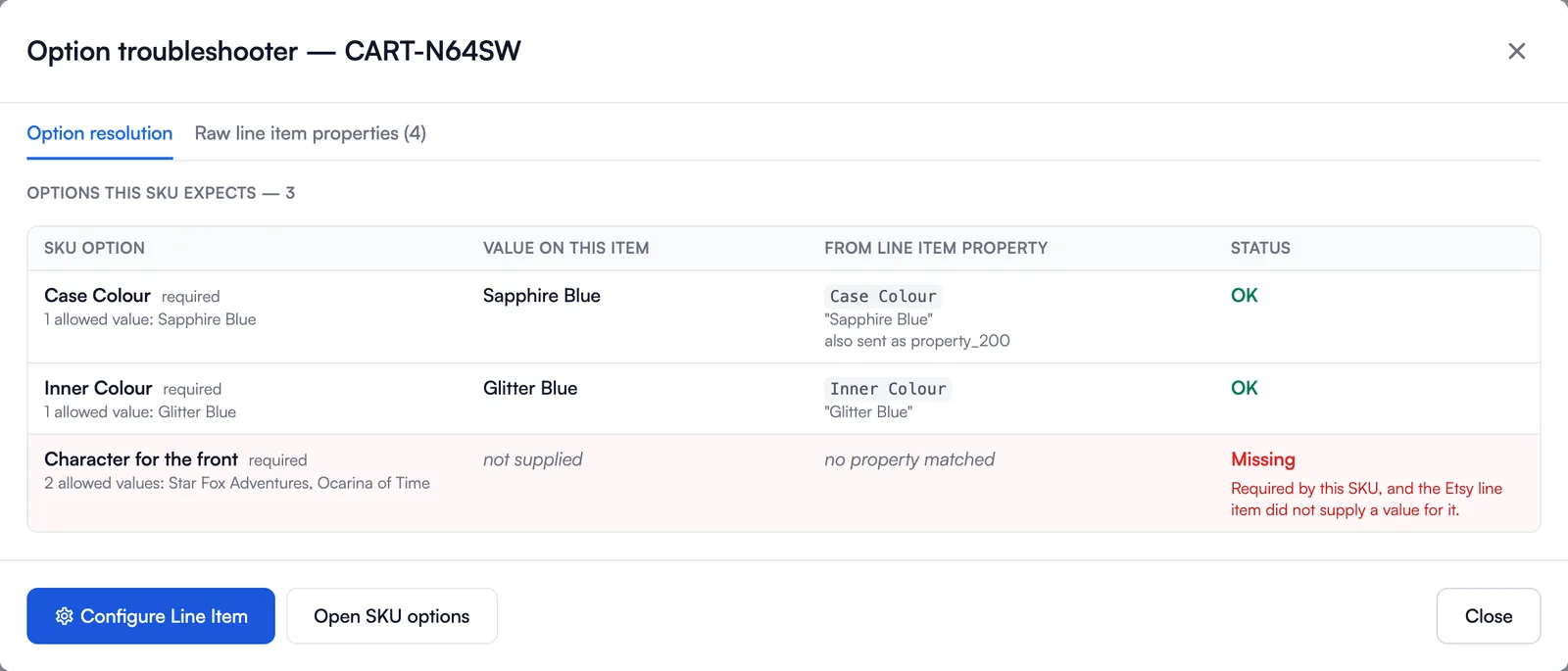 The option troubleshooter listing each SKU option, the value on the item, the property it came from, and its status