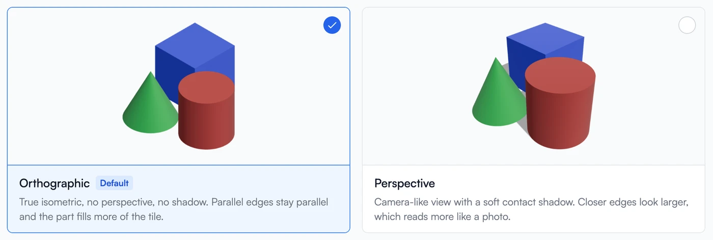The thumbnail style picker in General Settings, with Orthographic selected as the default and Perspective beside it