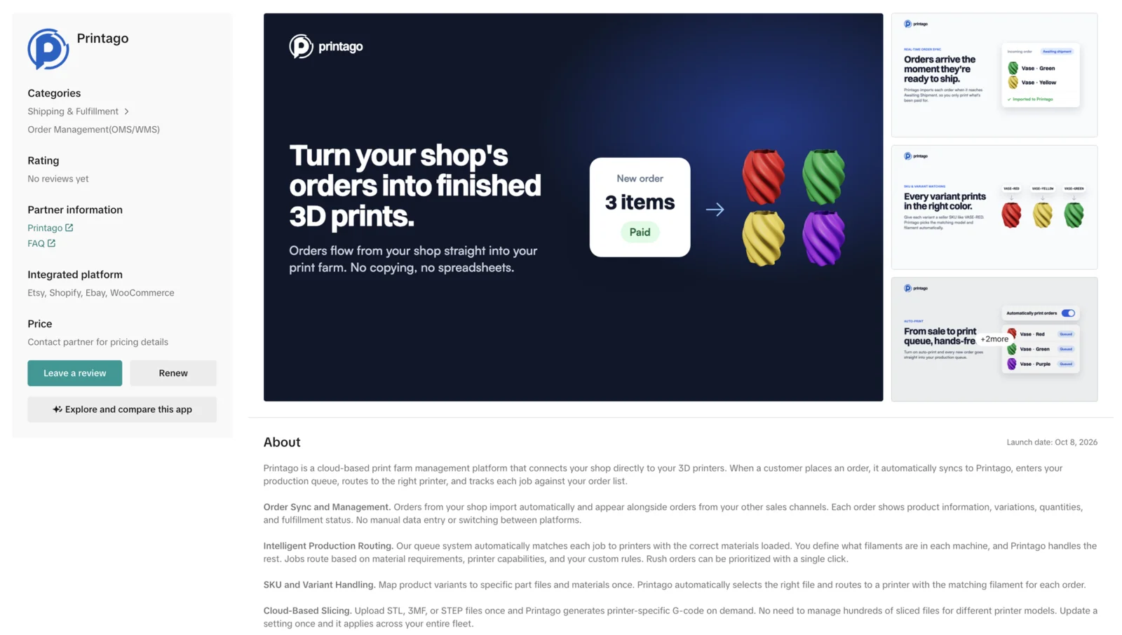 Printago's listing in TikTok Shop, with order sync, variant matching and auto-print laid out beside the main banner