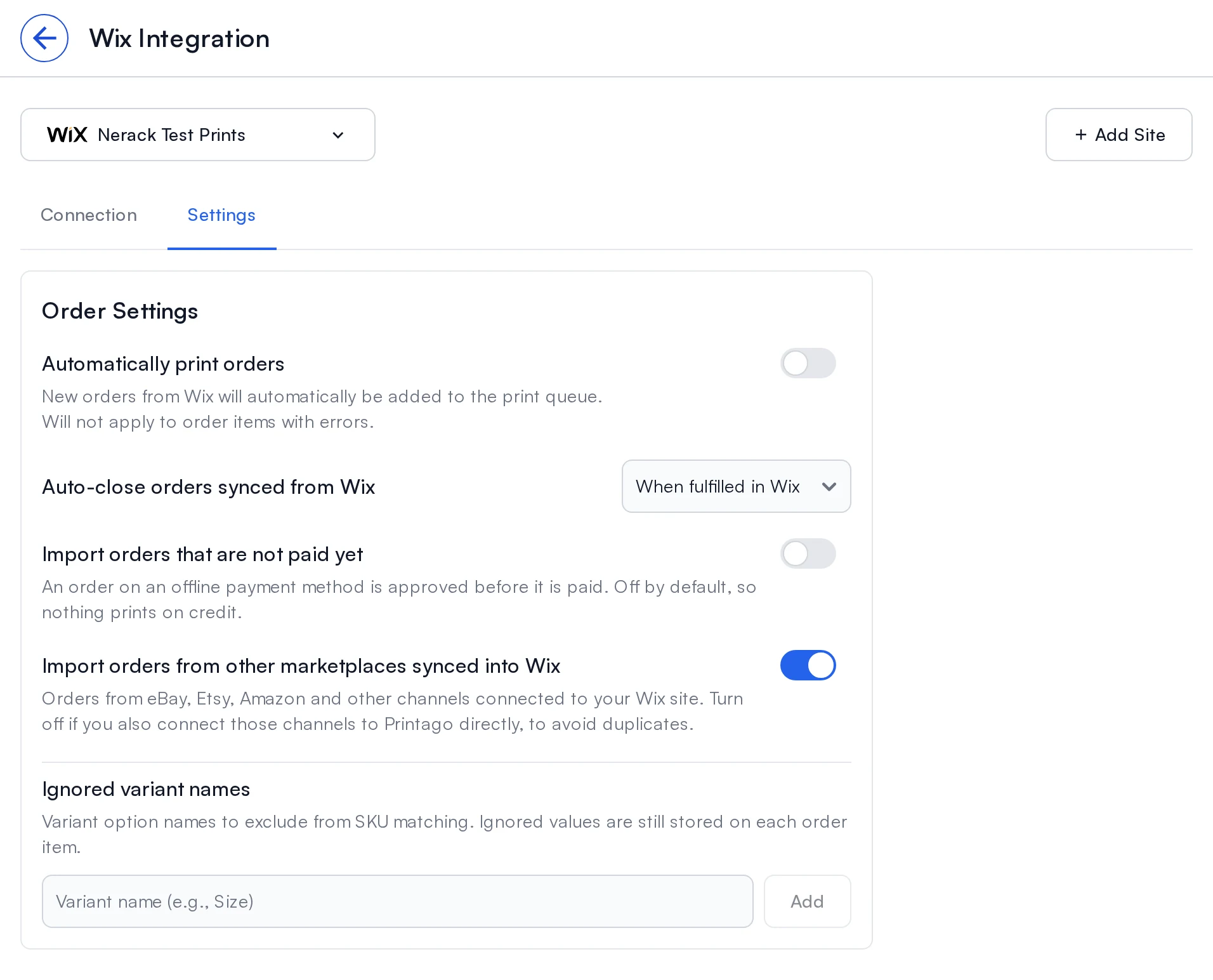 The Wix Settings tab in Printago, with auto-print, auto-close when fulfilled in Wix, unpaid orders and other-marketplace orders each on their own switch