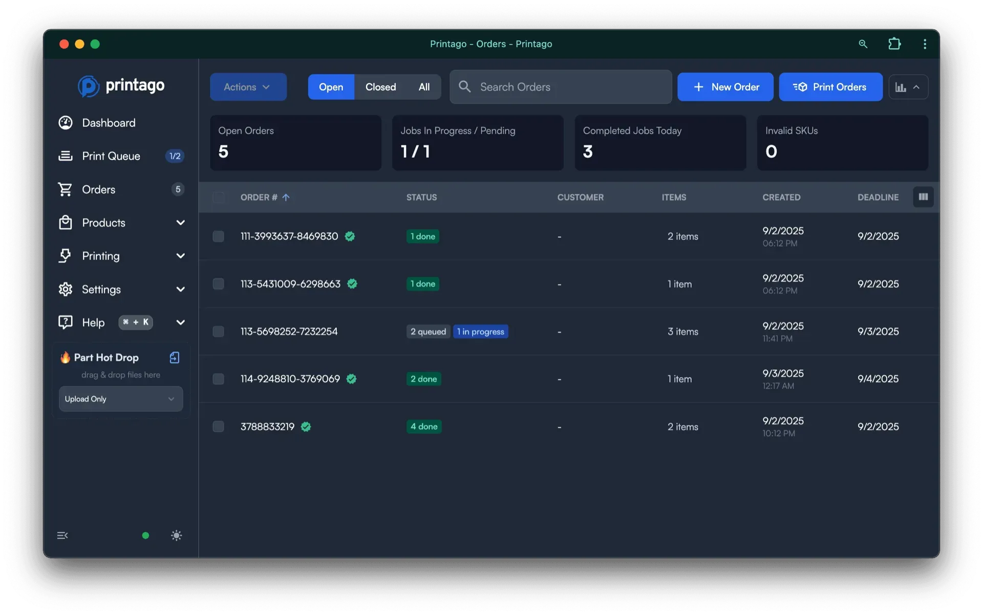 Printago orders dashboard