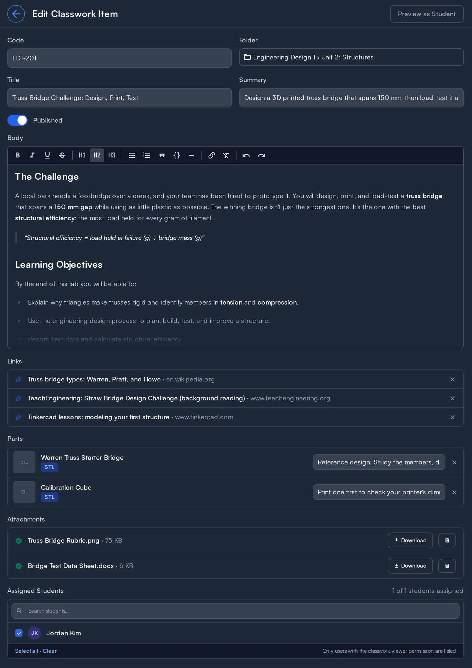 The Classwork editor in Printago showing a truss bridge lesson with formatted text, reference links, parts to print, attached files, and assigned students