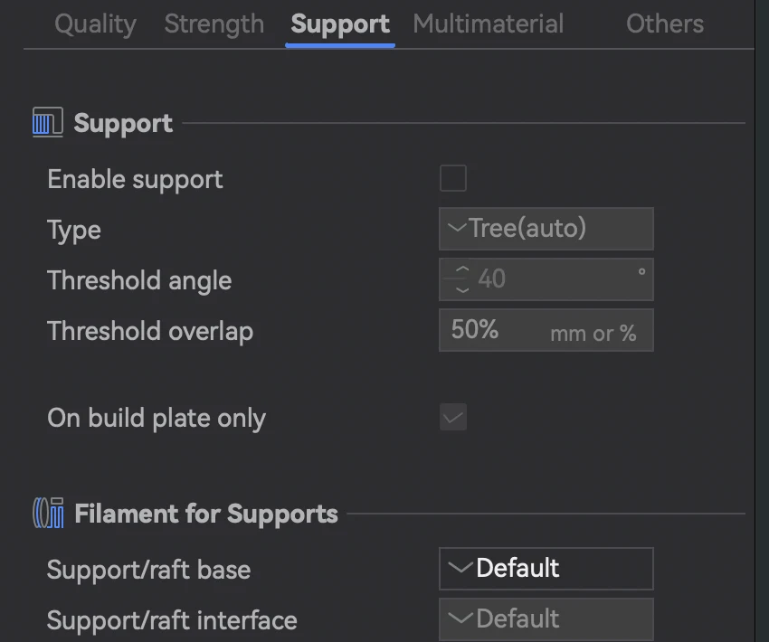 The Support tab in Anycubic Slicer Next, with Enable support at the top