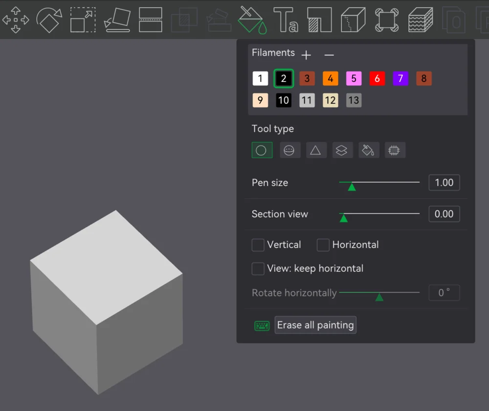 The Color Painting tool in Bambu Studio with filament swatches and brush options