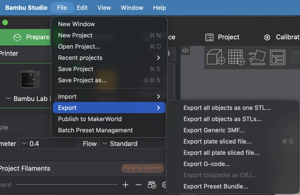 The File menu in Bambu Studio with the Export submenu (Generic 3MF, plate sliced file, and more)