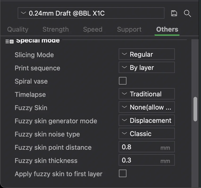 The Fuzzy Skin settings on the Others tab in Bambu Studio