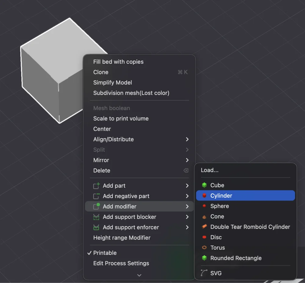 Right-click a model in Bambu Studio, choose Add negative part, then a Cylinder