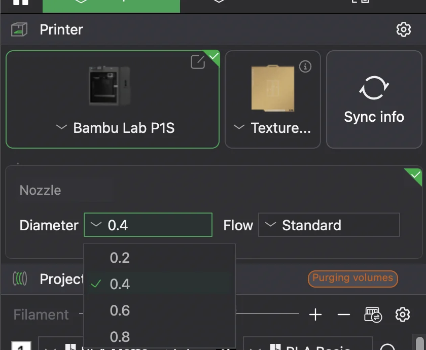 The nozzle Diameter dropdown in the Bambu Studio Printer panel