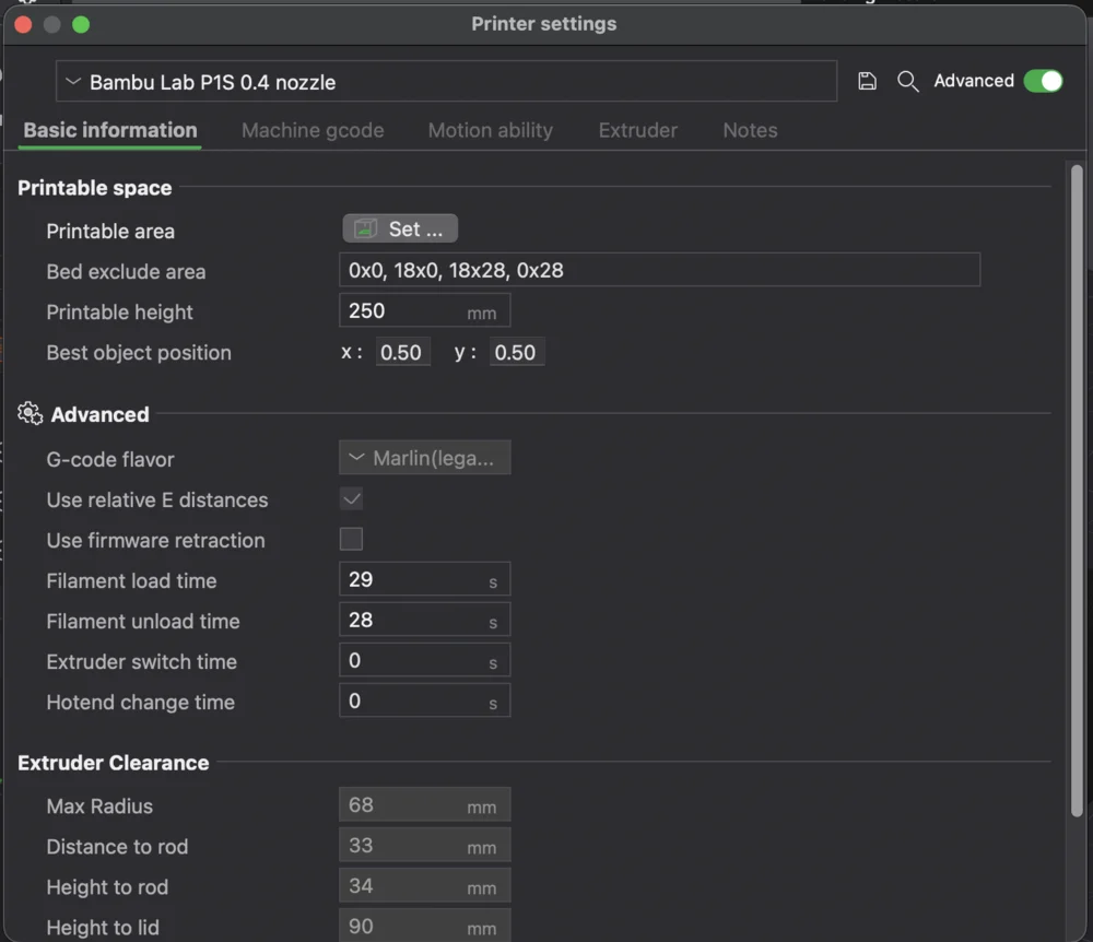 Bambu Studio printer settings for the P1S, which have no Z offset field