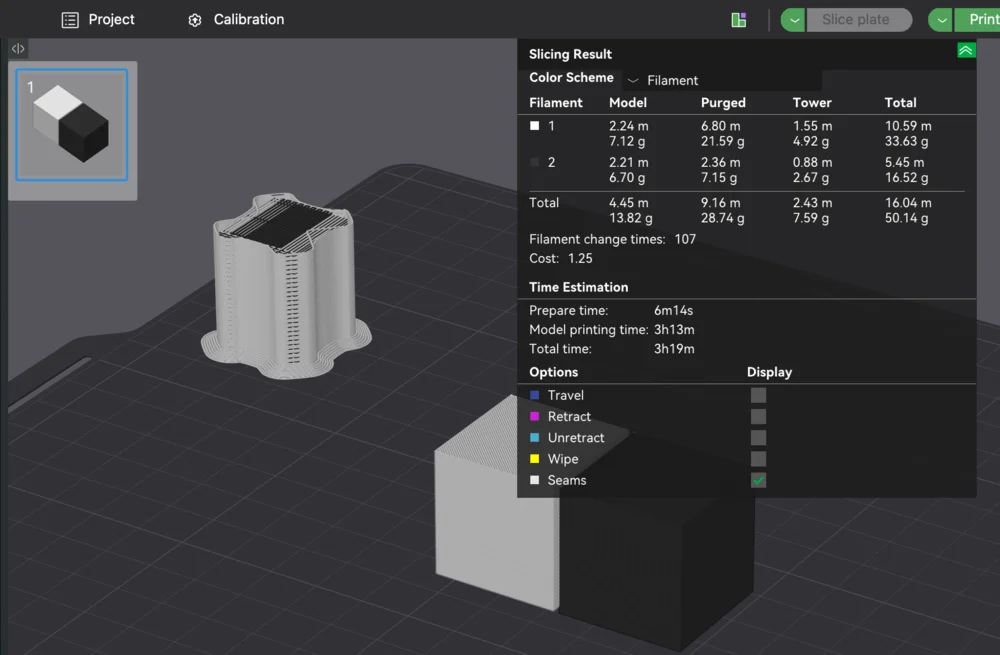 The Slicing Result panel in Bambu Studio with print time and filament estimates