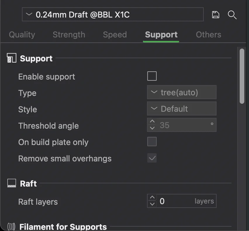 The Support tab in Bambu Studio: enable support, type, style, and threshold angle