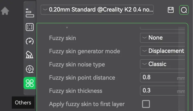 Fuzzy Skin settings in Creality Print: mode, point distance, and thickness