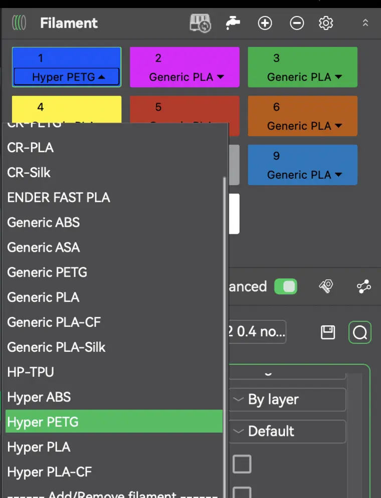The Creality Print filament dropdown with Hyper PETG selected from the preset list