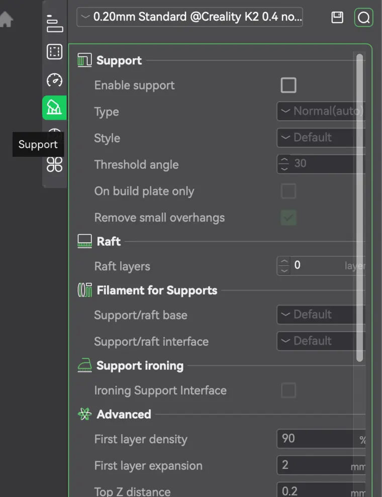 The Support tab in Creality Print, with Enable support, Type, and Threshold angle