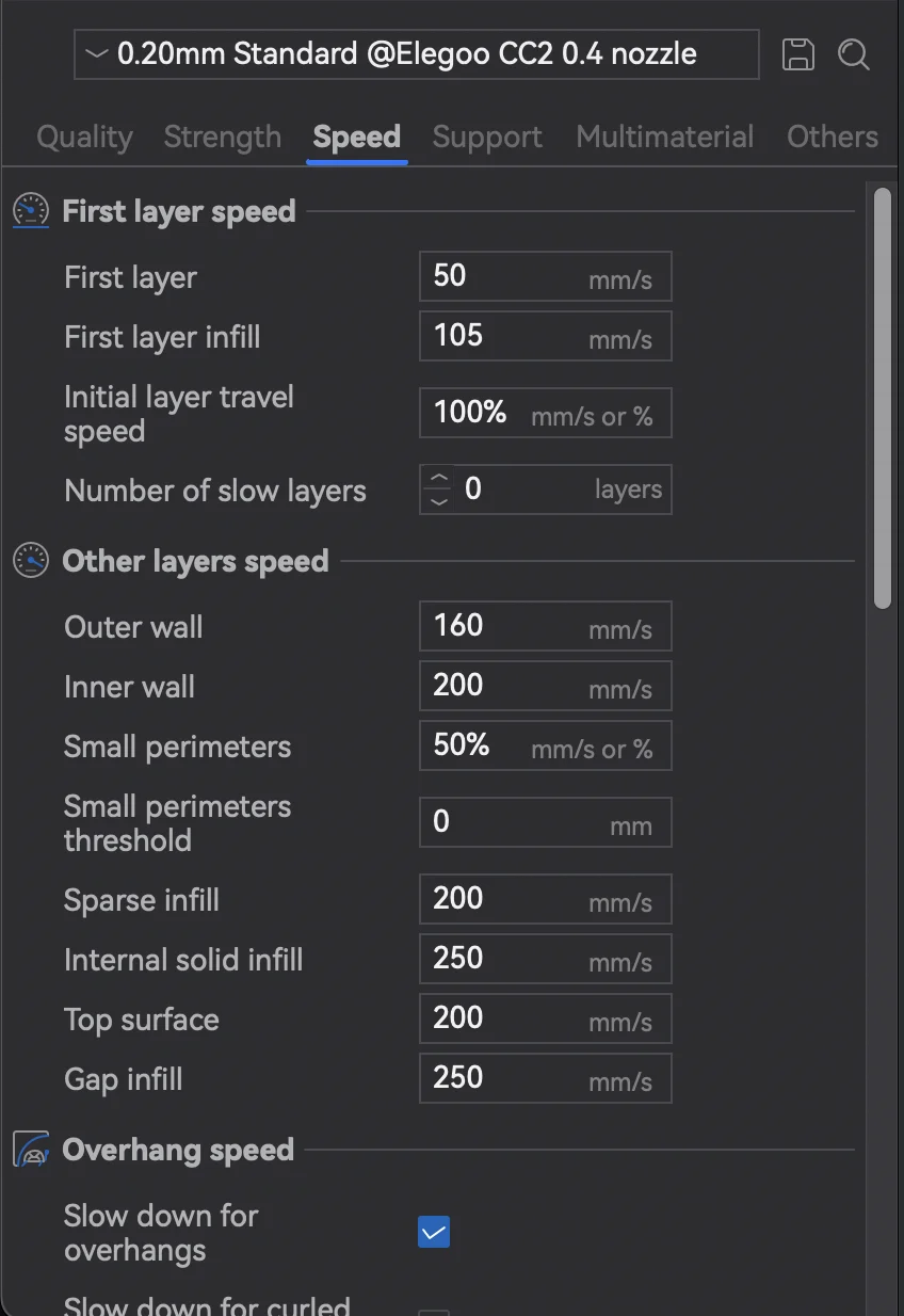 The Speed tab in ElegooSlicer with First layer speed and Other layers speed