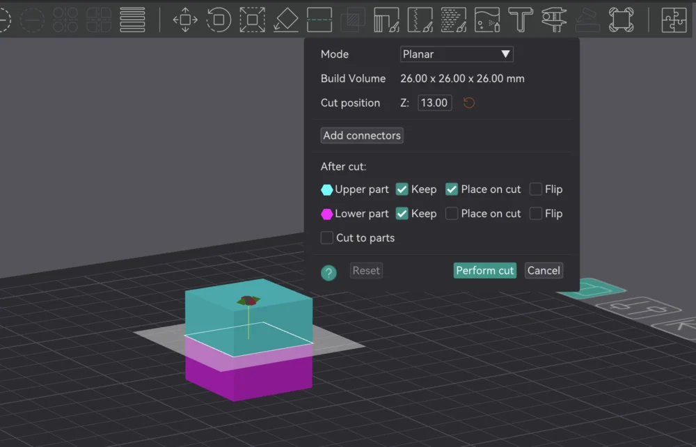The Cut tool in OrcaSlicer: cutting plane, keep upper/lower, and connectors