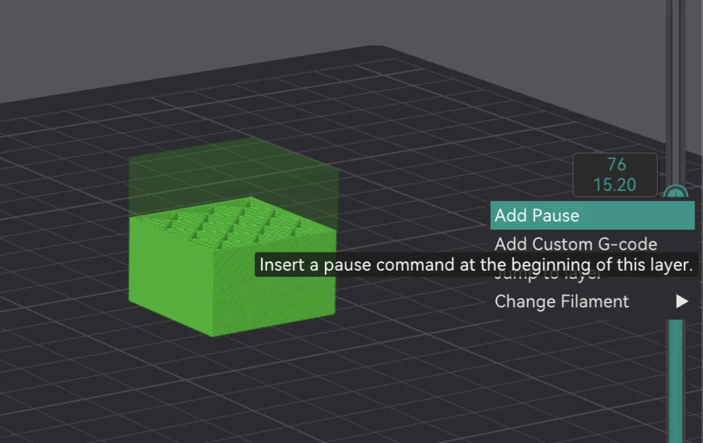 The layer slider menu in OrcaSlicer Preview with Add Pause, Add Custom G-code, and Change Filament