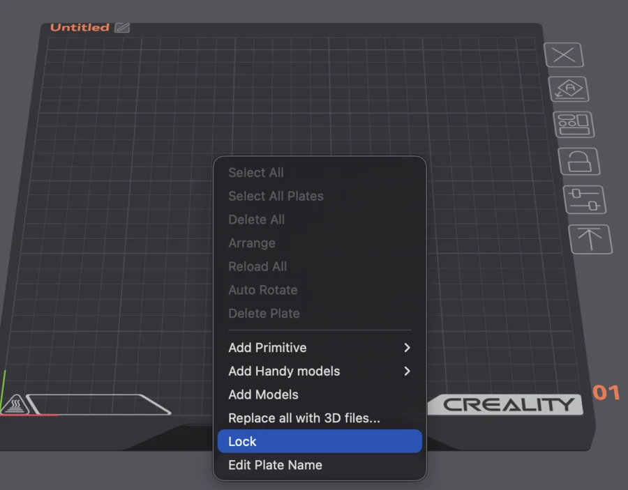 The plate right-click menu in OrcaSlicer with the Lock option