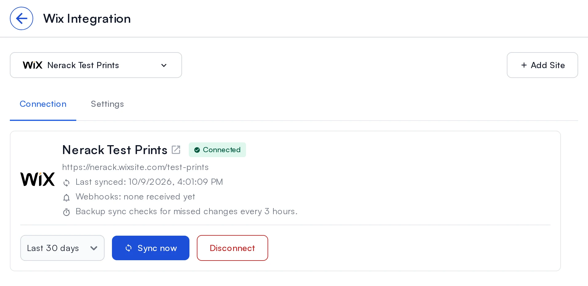 The Wix Connection tab in Printago showing a connected site, when it last synced, the 3-hour backup sync and the Sync now button