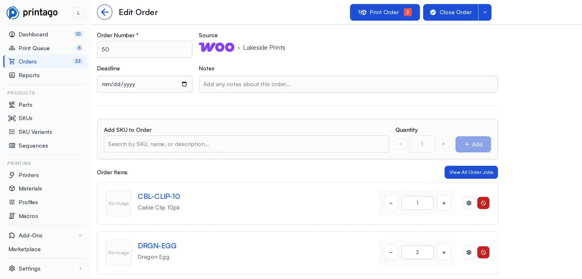 A WooCommerce order open in Printago with each item matched to a Printago SKU