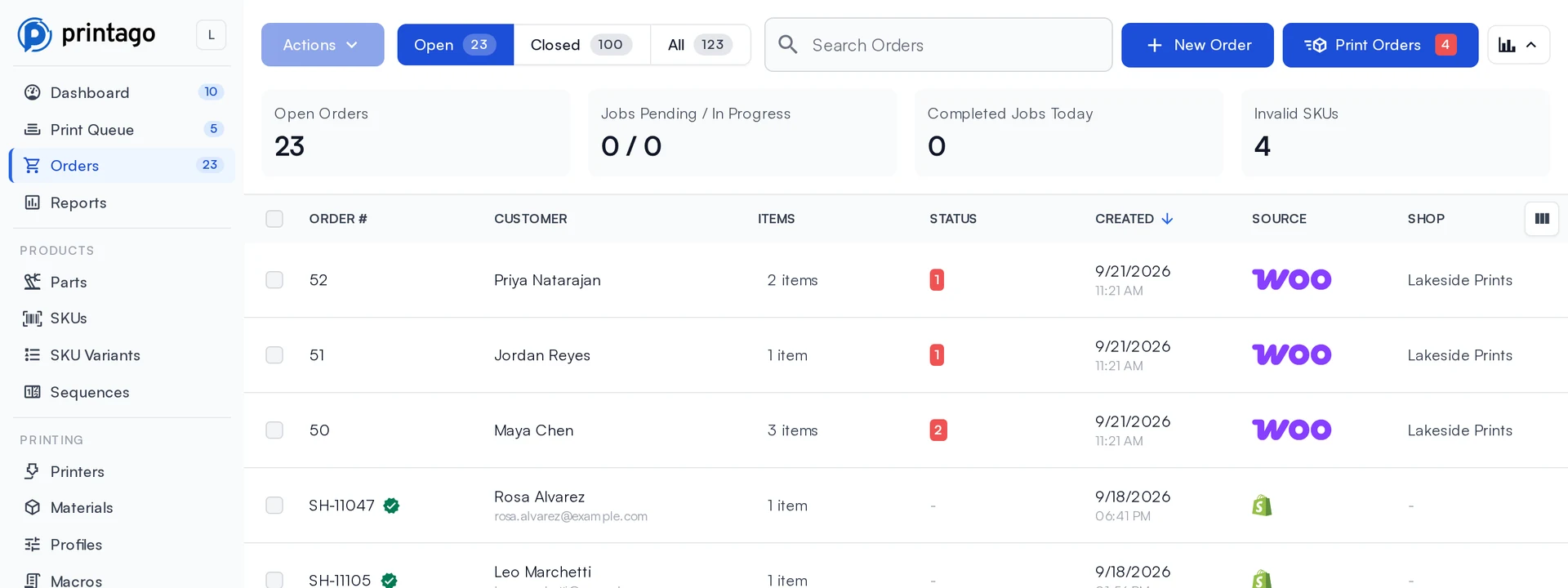 The Printago orders list with WooCommerce orders from a store named Lakeside Prints beside Shopify orders, each with its source and shop