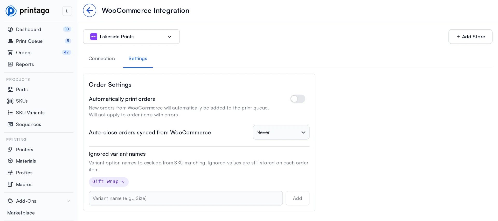 The WooCommerce Settings tab in Printago with automatic printing and order-closing options
