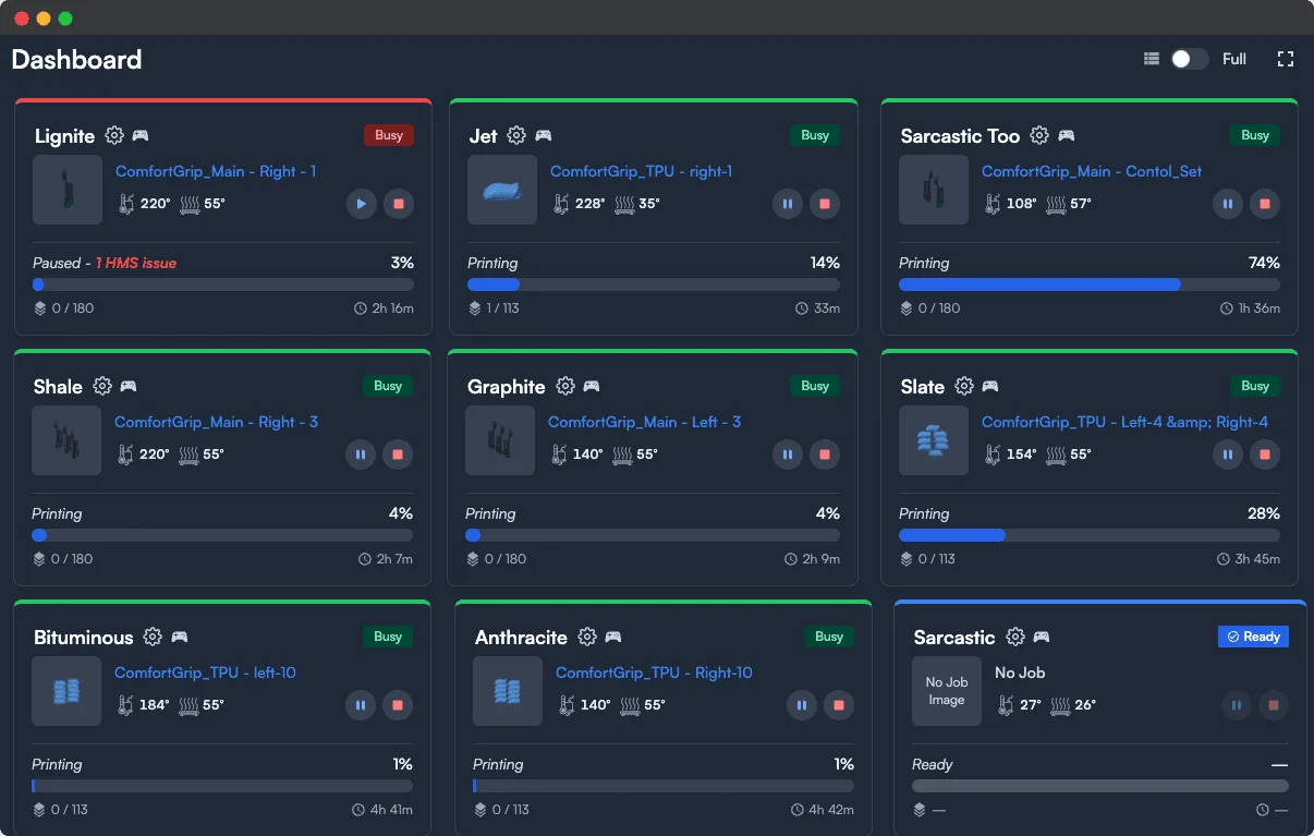 Realtime 3D Print Farm Dashboard