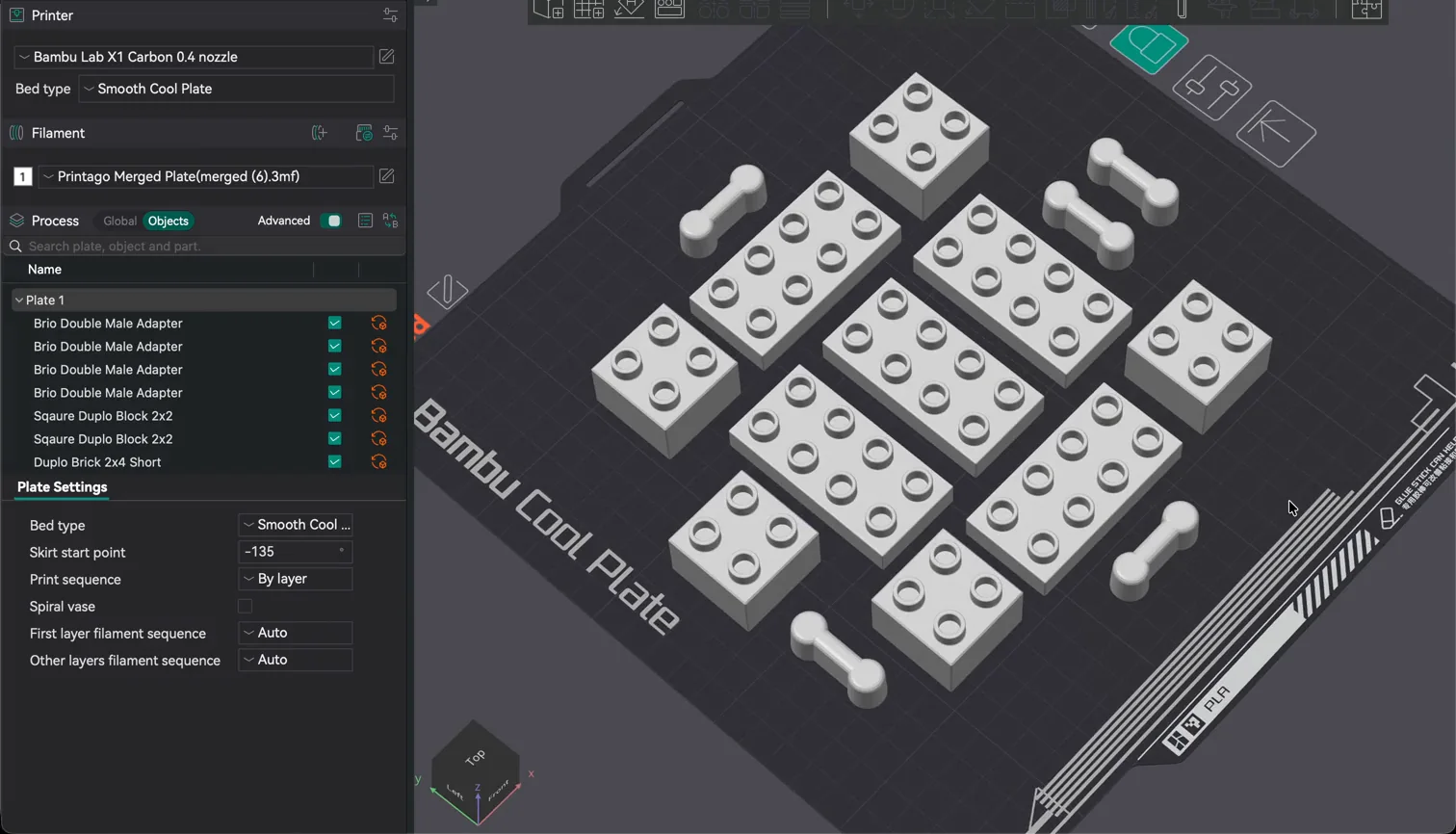 The merged plate opened in Bambu Studio, showing all 15 parts arranged on the bed