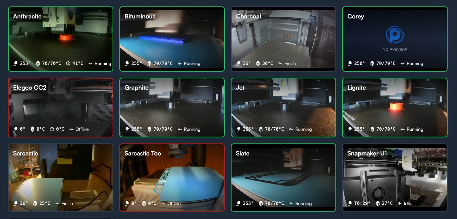 Live camera grid showing every printer in the fleet streaming at once
