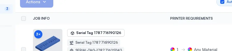 A queued serialized job showing its amber serial chip in the print queue
