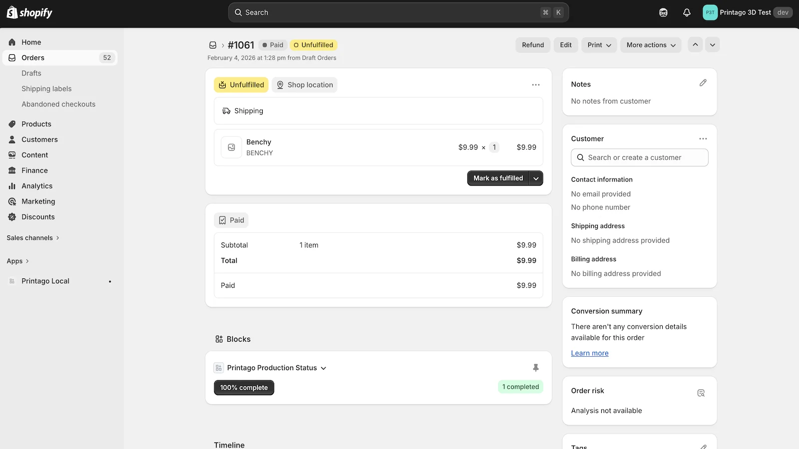 Shopify order with Printago production status